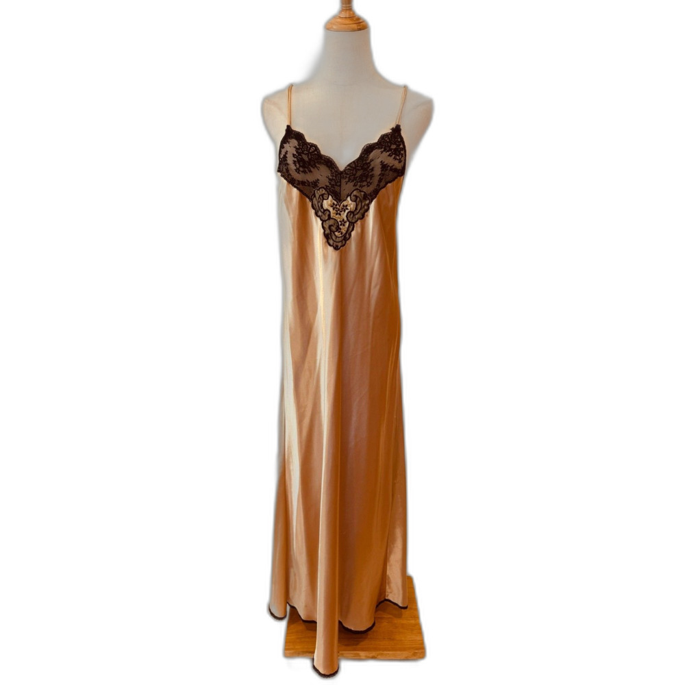 Vintage Vanity Fair Nightgown M Champagne Black Lace Full Length USA 70s 80s